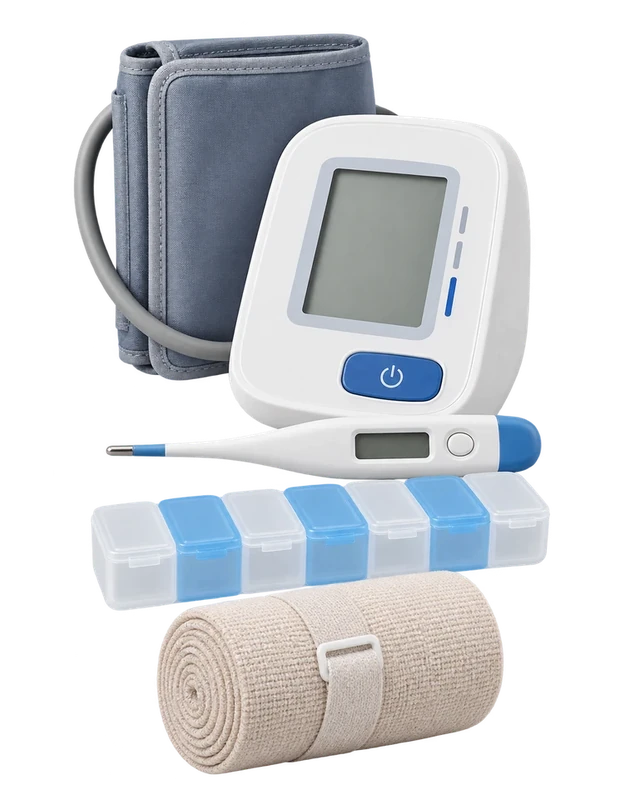 Blood pressure monitor, thermometer, pill organiser and support bandage